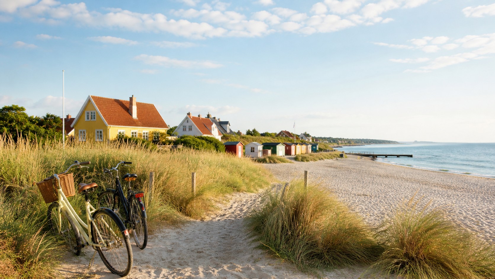 Sommerstemning ved dansk kyst med cykler, klitter og farverige strandhuse