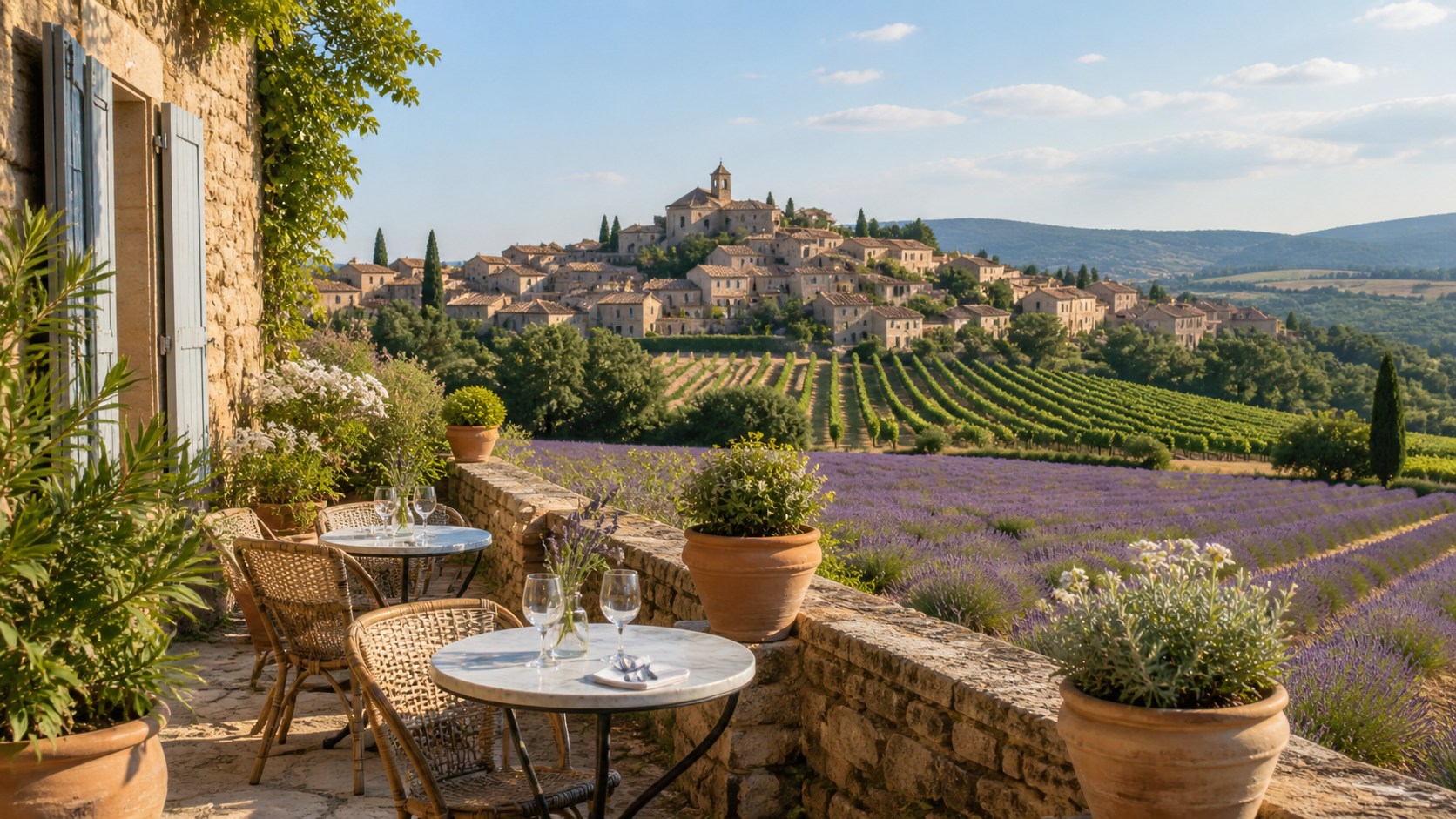 Provence i Frankrig med lavendelmarker, vinranker og landsby på bakketop