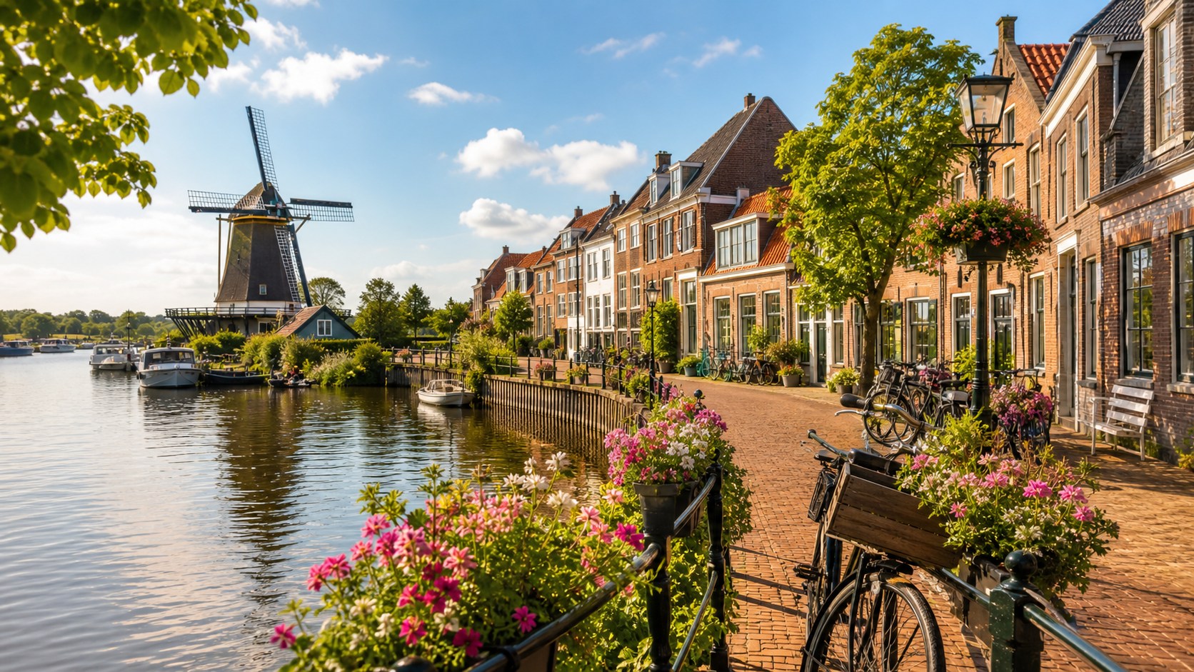 Holland med kanal, vindmølle, cykler og blomster langs vandet