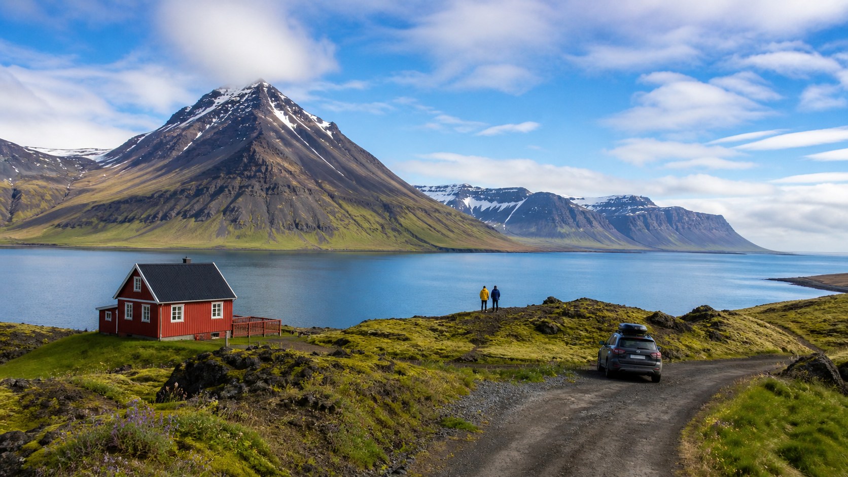 Islandsk fjord med rød hytte, bjerge og åben vej i klart vejr