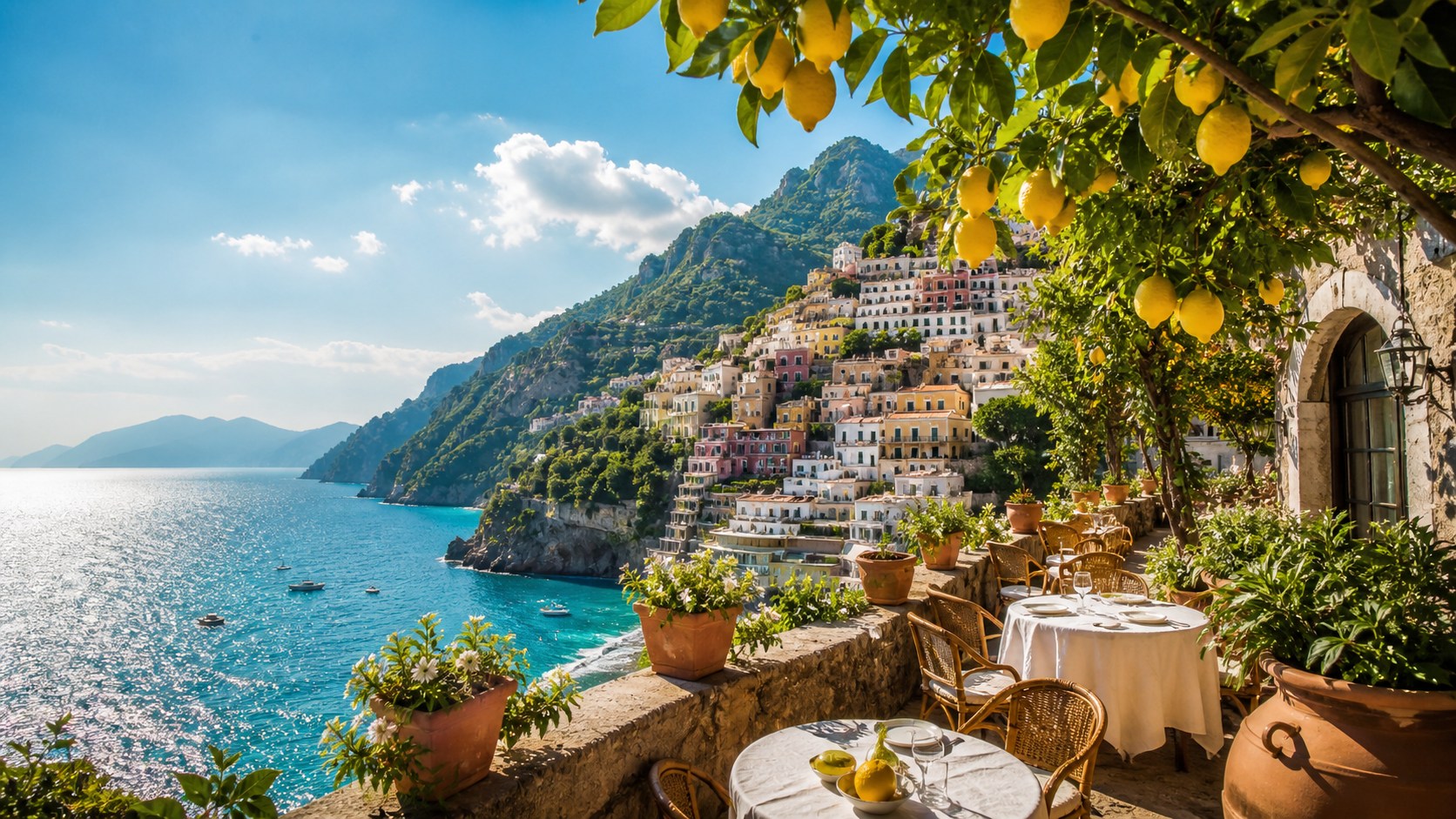 Amalfikysten med citrontræer, havudsigt og farverige huse i Italien