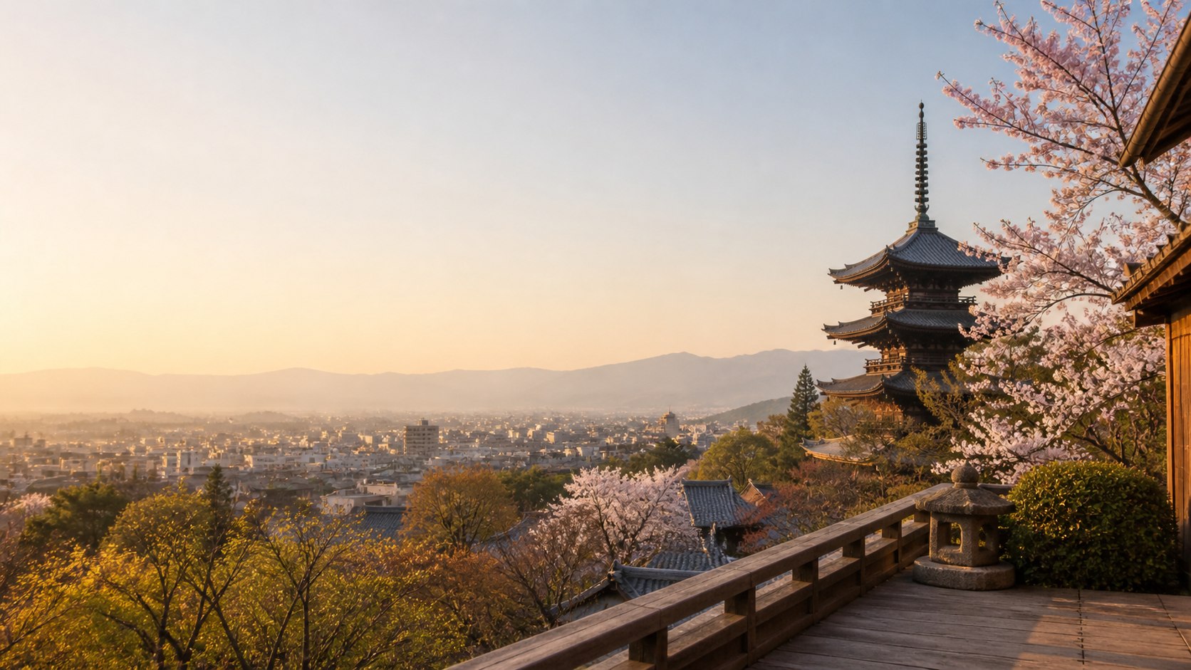 Rolig udsigt over et japansk tempel og kirsebærblomster ved solnedgang på SUrejser.dk kontaktside