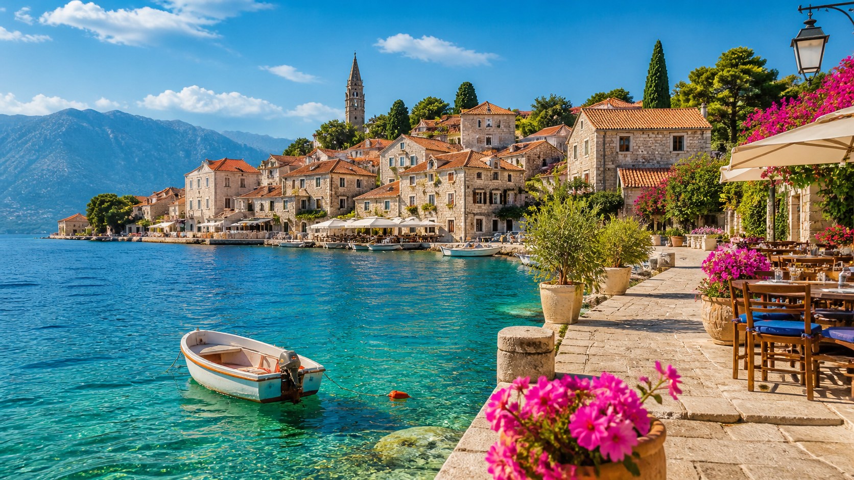 Kroatisk kystby med klart Adriaterhav, stenhuse og blomster langs promenaden