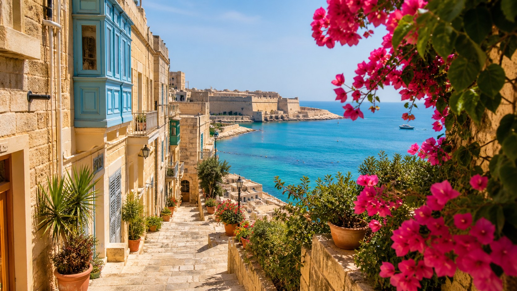 Malta med solrig kystudsigt, blomster og gyldne bygninger ved havet