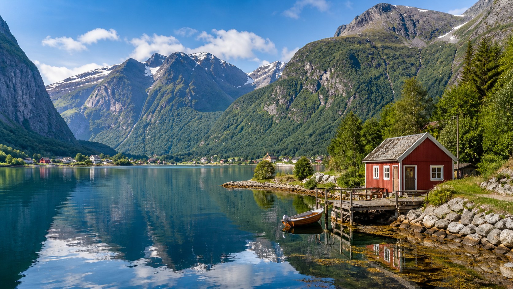 Norsk fjord med rød hytte, badebro og høje bjerge i klart vejr