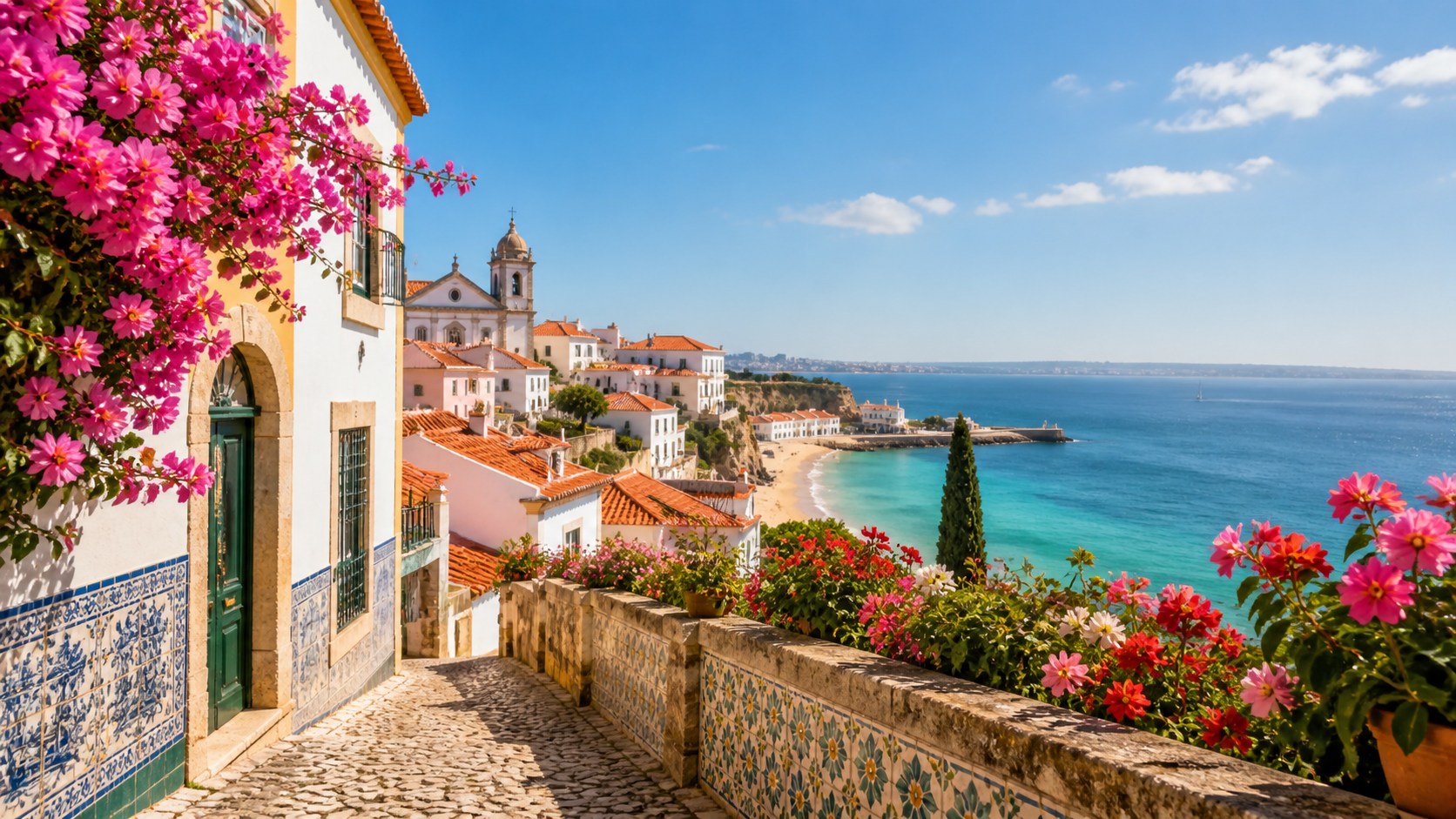 Portugal med kystudsigt, azulejos, blomster og farverige tage