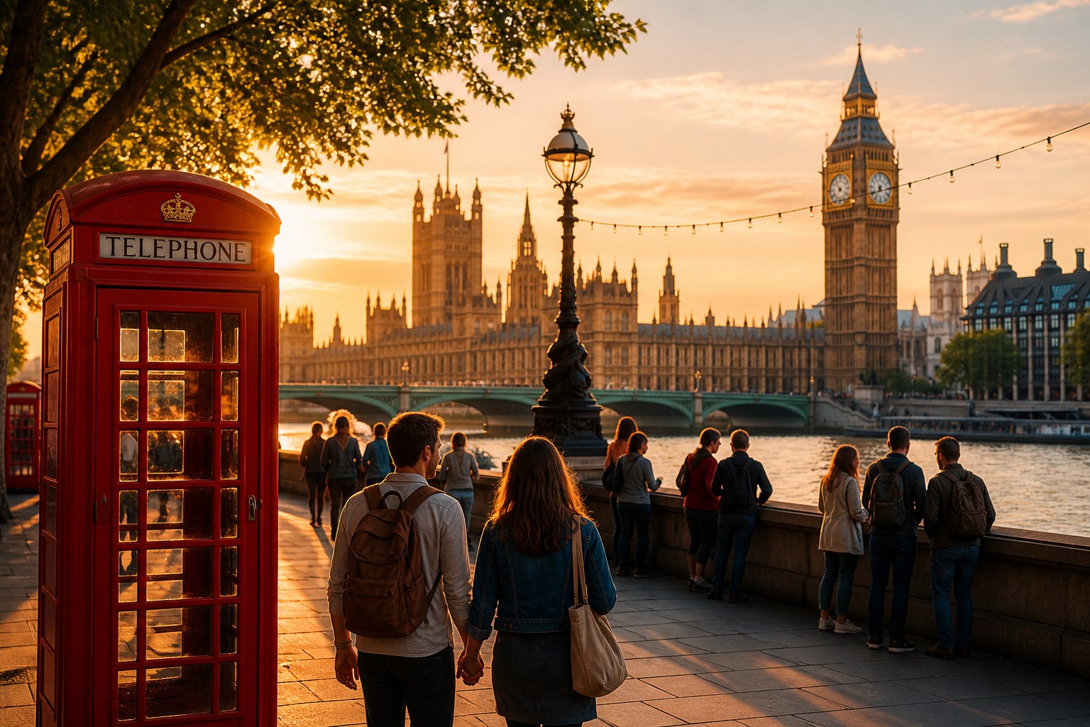 London ved solnedgang med Big Ben, Themsen og klassisk rød telefonboks