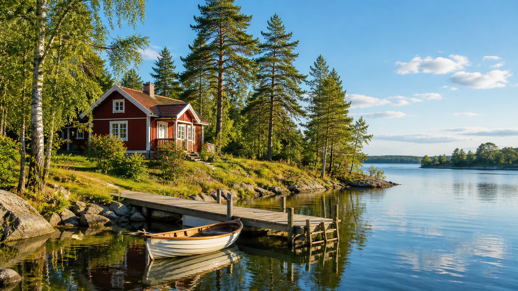 Svensk sommer ved sø med rød hytte, badebro og lille båd