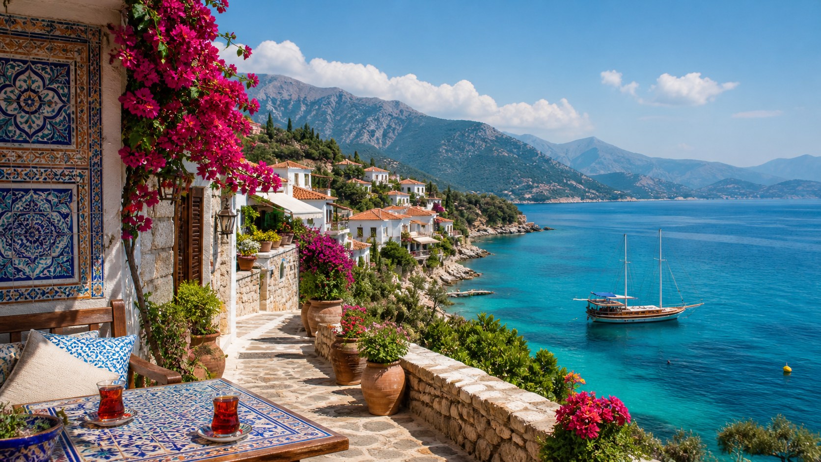 Tyrkisk kystby med blomster, turkisblåt hav og bjerge i baggrunden